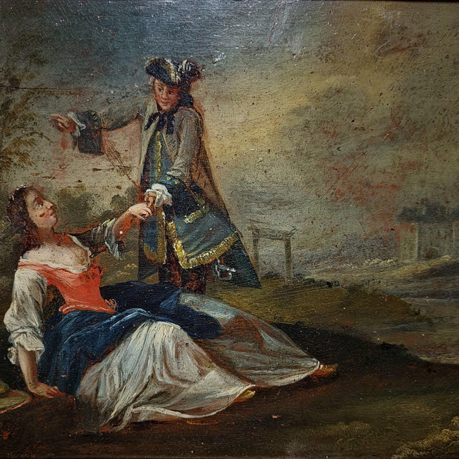 Antique German Baroque Oil Painting, 18th Century Romantic Couple Scene, Genre Artwork, Gold Framed Wall Art, Old Master Style Decor