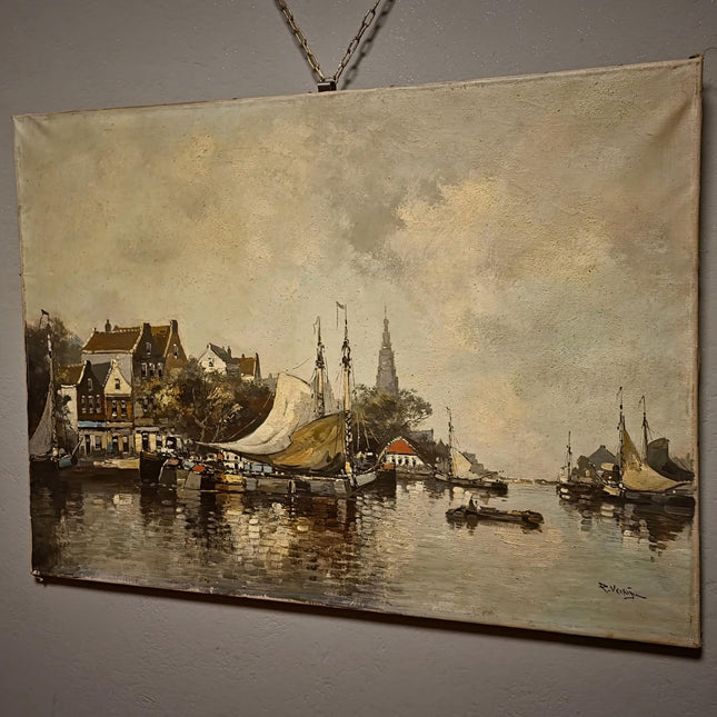 Vintage Dutch Seascape Oil Painting, Harbor Maritime Boat Artwork, European Coastal Wall Art, Nautical Decor, Large Signed Canvas