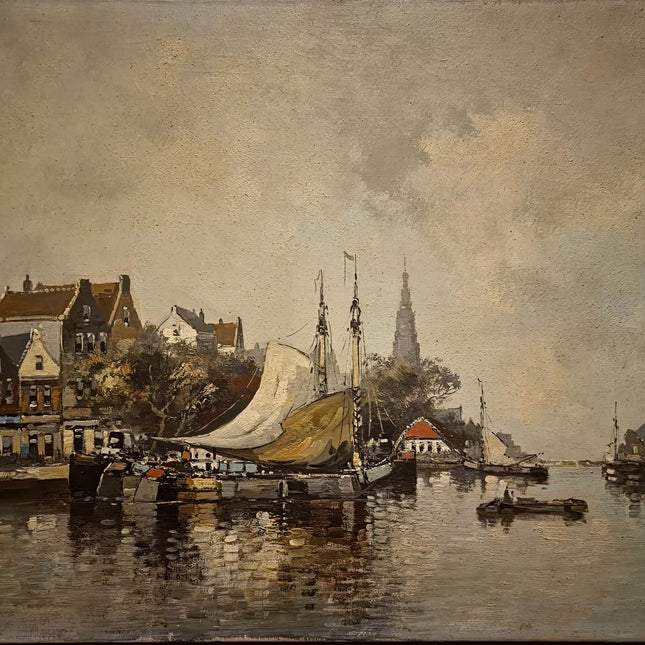 Vintage Dutch Seascape Oil Painting, Harbor Maritime Boat Artwork, European Coastal Wall Art, Nautical Decor, Large Signed Canvas
