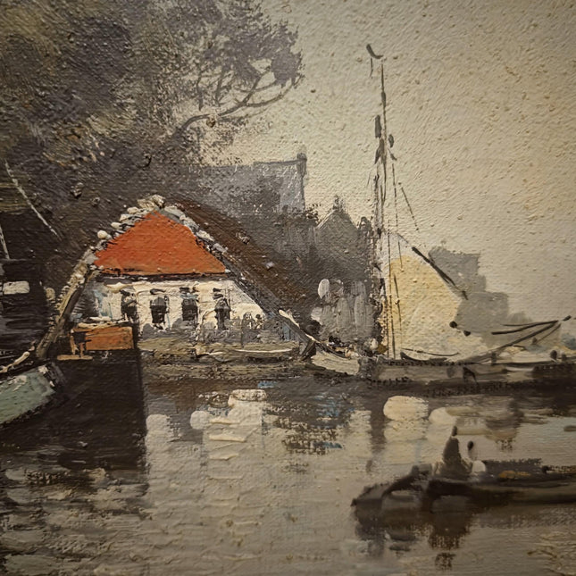 Vintage Dutch Seascape Oil Painting, Harbor Maritime Boat Artwork, European Coastal Wall Art, Nautical Decor, Large Signed Canvas