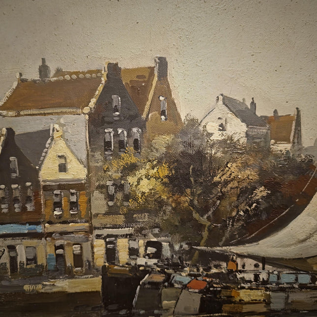Vintage Dutch Seascape Oil Painting, Harbor Maritime Boat Artwork, European Coastal Wall Art, Nautical Decor, Large Signed Canvas