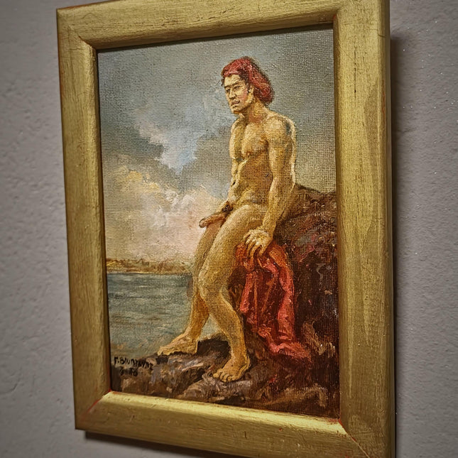 Academic Male Nude Oil Painting, Signed Vintage French Figure Study, Original Classical Artwork, Small Framed Canvas, Masculine Wall Decor