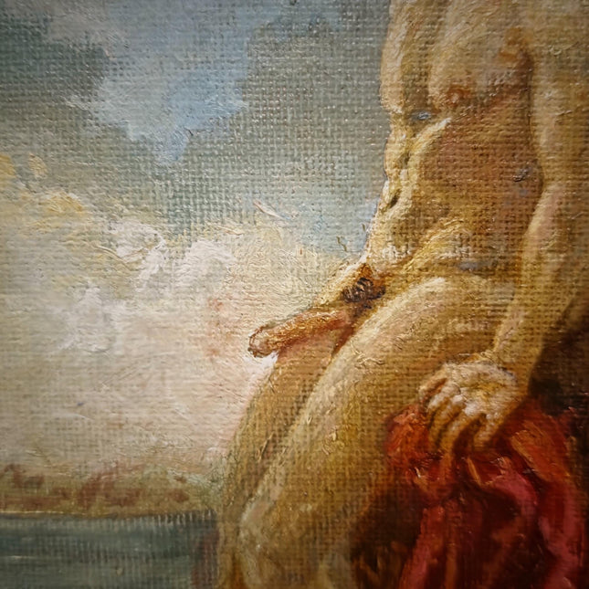 Academic Male Nude Oil Painting, Signed Vintage French Figure Study, Original Classical Artwork, Small Framed Canvas, Masculine Wall Decor