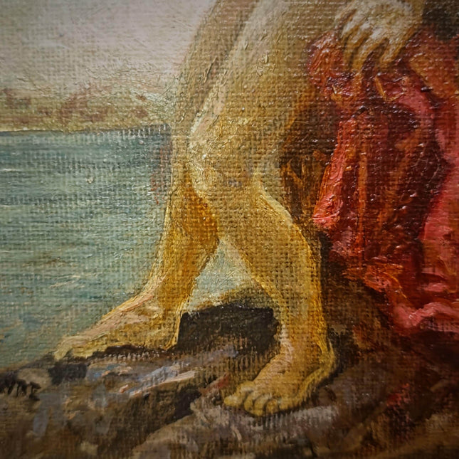 Academic Male Nude Oil Painting, Signed Vintage French Figure Study, Original Classical Artwork, Small Framed Canvas, Masculine Wall Decor