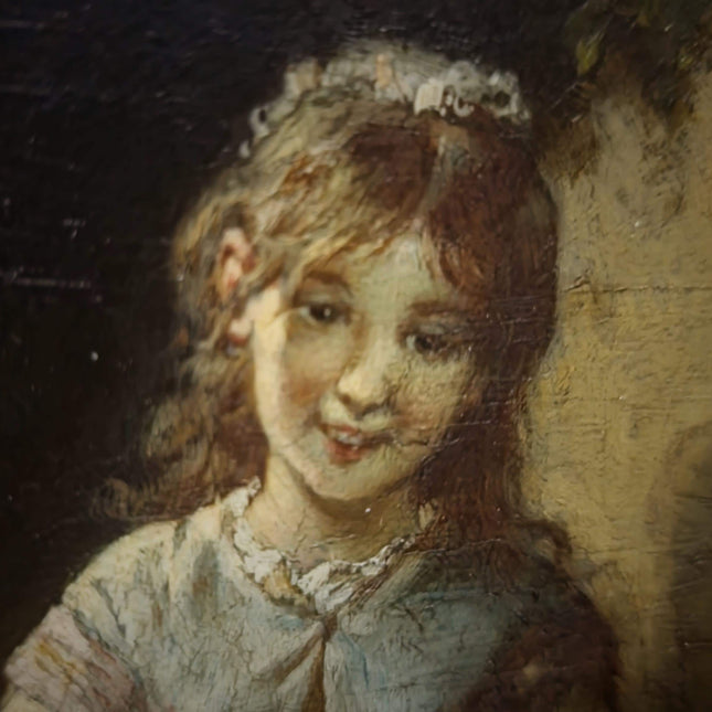 Antique French Child Genre Oil Painting, Peasant Girl Artwork, 19th Century Original, Gold Framed Vintage, Cottage Wall Art, Nursery Decor