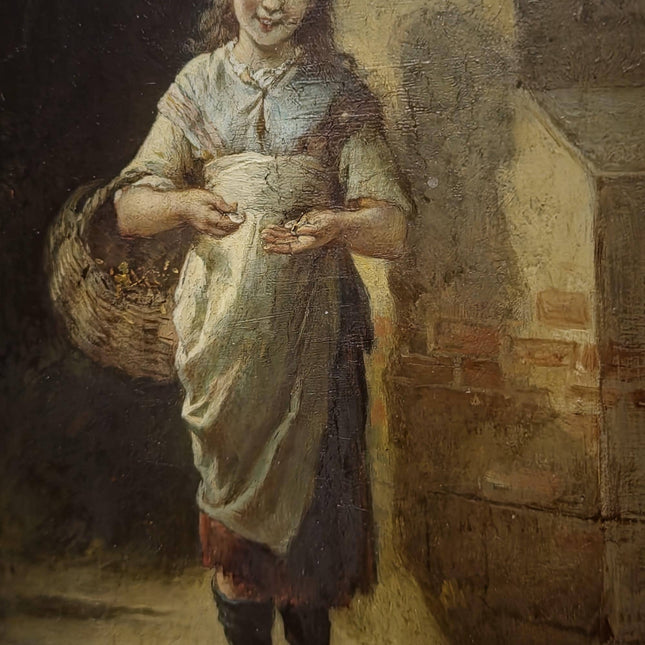 Antique French Child Genre Oil Painting, Peasant Girl Artwork, 19th Century Original, Gold Framed Vintage, Cottage Wall Art, Nursery Decor