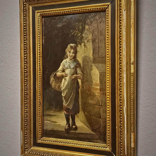 Antique French Child Genre Oil Painting, Peasant Girl Artwork, 19th Century Original, Gold Framed Vintage, Cottage Wall Art, Nursery Decor