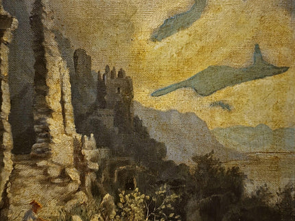 Pair Antique German Castle Ruins Oil Paintings, 19th Century Landscape Set, Matching Gold Framed Wall Art, Romantic Decor