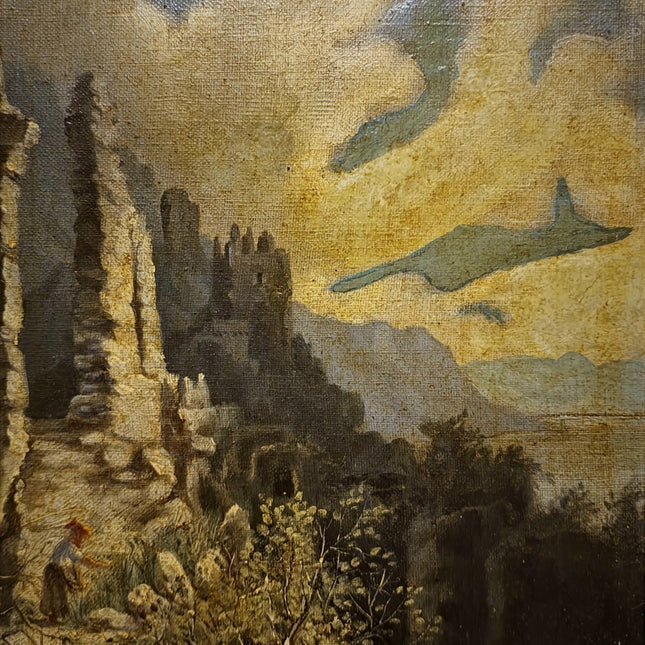 Pair Antique German Castle Ruins Oil Paintings, 19th Century Landscape Set, Matching Gold Framed Wall Art, Romantic Decor