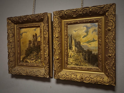 Pair Antique German Castle Ruins Oil Paintings, 19th Century Landscape Set, Matching Gold Framed Wall Art, Romantic Decor