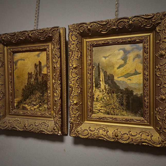 Pair Antique German Castle Ruins Oil Paintings, 19th Century Landscape Set, Matching Gold Framed Wall Art, Romantic Decor
