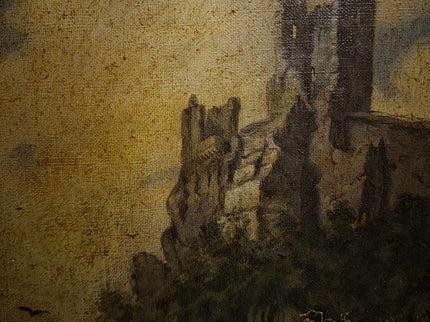 Pair Antique German Castle Ruins Oil Paintings, 19th Century Landscape Set, Matching Gold Framed Wall Art, Romantic Decor