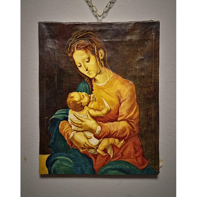 Vintage Madonna and Child Painting, French Religious Oil Art, Italian Renaissance Style, Christian Wall Decor, Mid Century Artwork