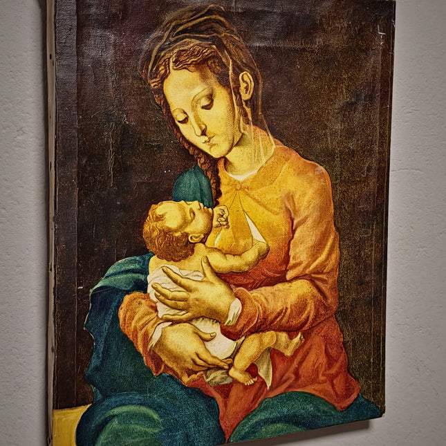 Vintage Madonna and Child Painting, French Religious Oil Art, Italian Renaissance Style, Christian Wall Decor, Mid Century Artwork