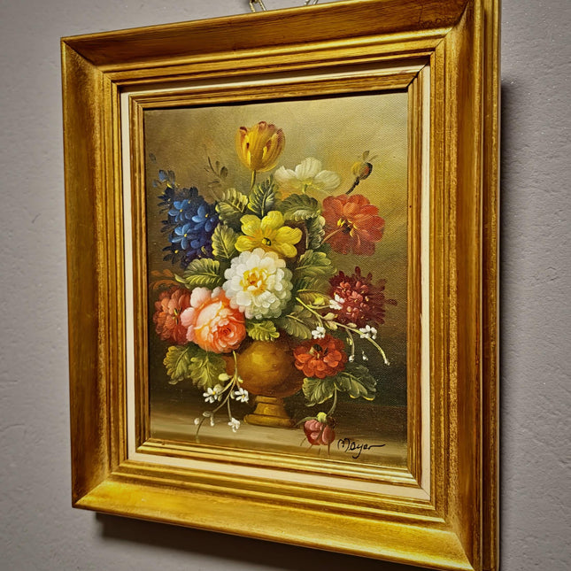 Small Vintage Floral Oil Painting, Dutch Style Flower Still Life, Signed Rose Bouquet Artwork, Gold Framed Wall Decor, European Fine Art