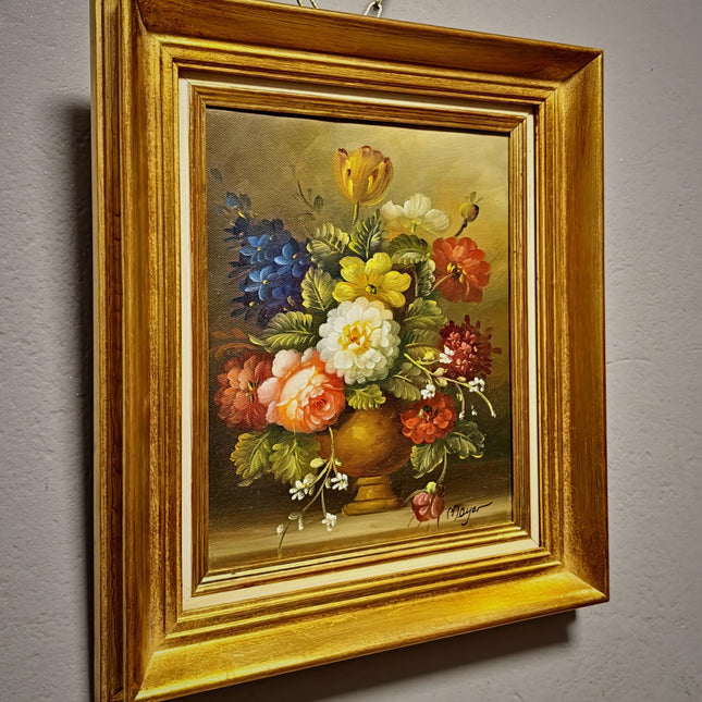Small Vintage Floral Oil Painting, Dutch Style Flower Still Life, Signed Rose Bouquet Artwork, Gold Framed Wall Decor, European Fine Art