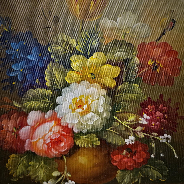 Small Vintage Floral Oil Painting, Dutch Style Flower Still Life, Signed Rose Bouquet Artwork, Gold Framed Wall Decor, European Fine Art