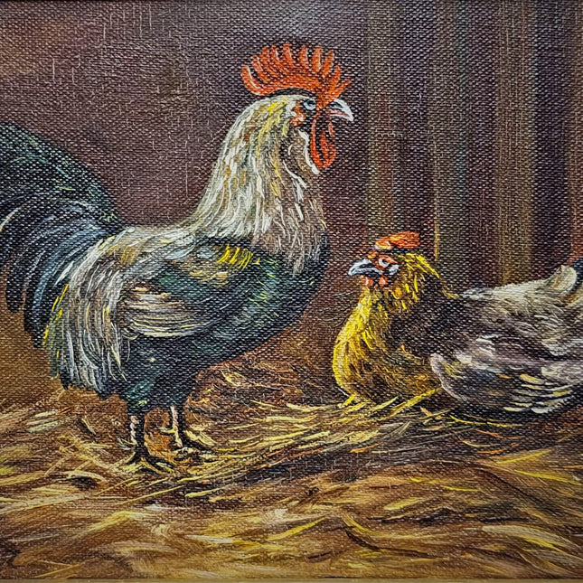 Small Vintage Rooster Oil Painting, Hen Farmhouse Kitchen Wall Art, Signed German Artwork, Rustic Country Decor, Gift For Chicken Lover