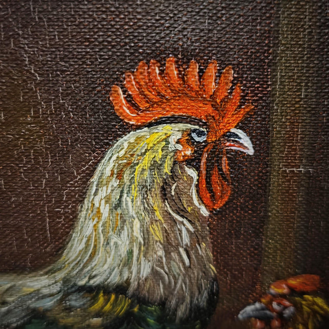 Small Vintage Rooster Oil Painting, Hen Farmhouse Kitchen Wall Art, Signed German Artwork, Rustic Country Decor, Gift For Chicken Lover