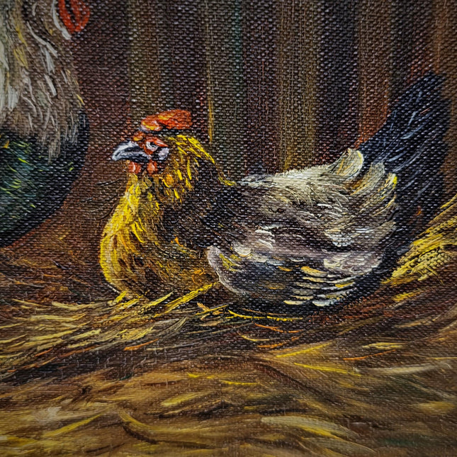Small Vintage Rooster Oil Painting, Hen Farmhouse Kitchen Wall Art, Signed German Artwork, Rustic Country Decor, Gift For Chicken Lover