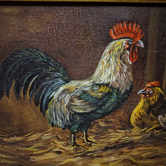 Small Vintage Rooster Oil Painting, Hen Farmhouse Kitchen Wall Art, Signed German Artwork, Rustic Country Decor, Gift For Chicken Lover