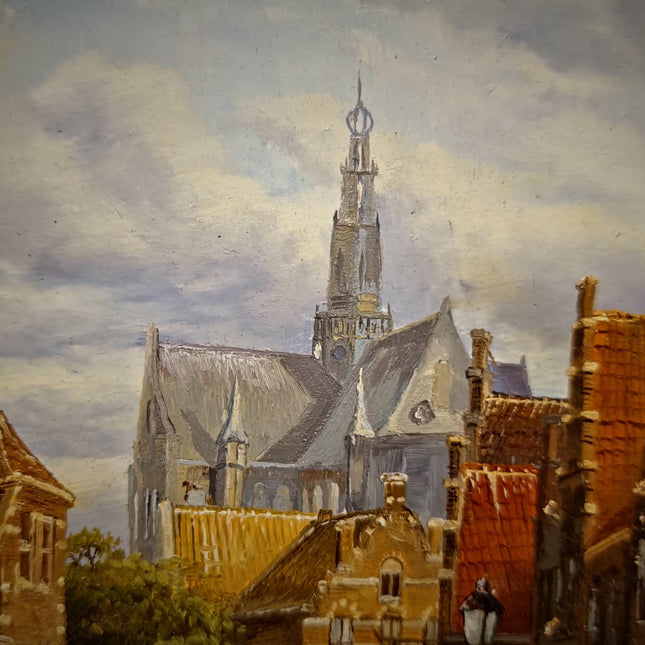Small Vintage Canal Oil Painting, Dutch Style Cityscape, Signed German Artwork, Gold Framed Wall Decor, European Bridge Scene