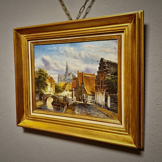 Small Vintage Canal Oil Painting, Dutch Style Cityscape, Signed German Artwork, Gold Framed Wall Decor, European Bridge Scene