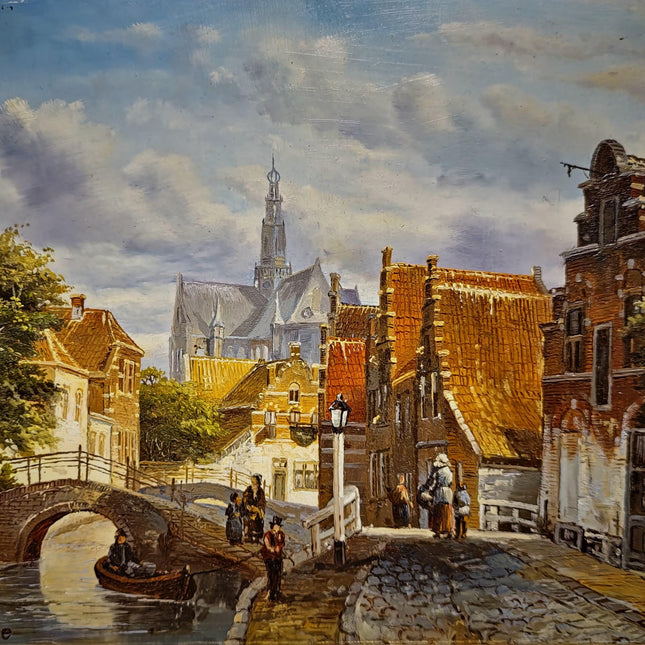 Small Vintage Canal Oil Painting, Dutch Style Cityscape, Signed German Artwork, Gold Framed Wall Decor, European Bridge Scene