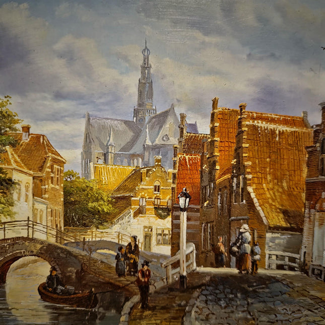 Small Vintage Canal Oil Painting, Dutch Style Cityscape, Signed German Artwork, Gold Framed Wall Decor, European Bridge Scene