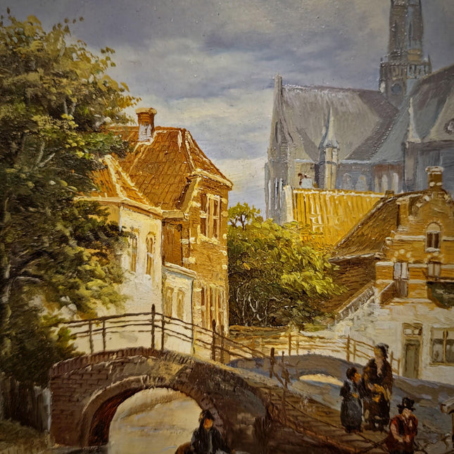 Small Vintage Canal Oil Painting, Dutch Style Cityscape, Signed German Artwork, Gold Framed Wall Decor, European Bridge Scene