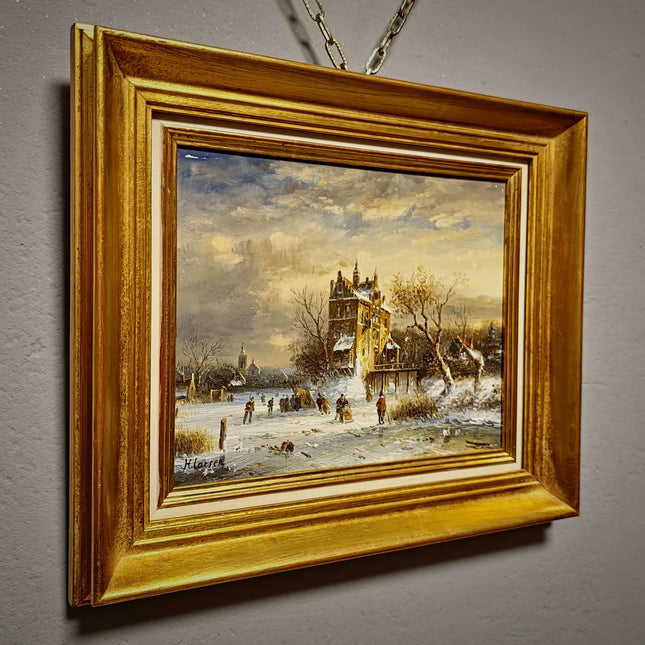 Small Dutch Winter Landscape Oil Painting, Ice Skating Scene, Signed Vintage Artwork, Gold Framed Wall Decor, Cozy Christmas Wall Art