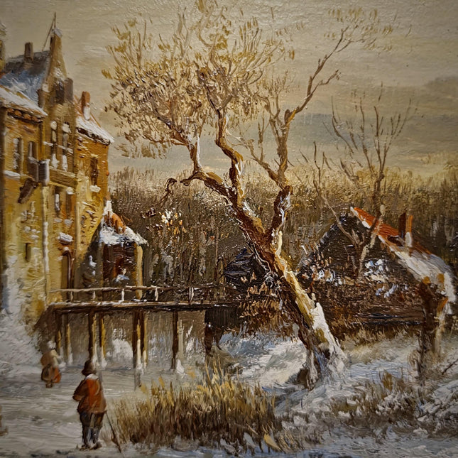 Small Dutch Winter Landscape Oil Painting, Ice Skating Scene, Signed Vintage Artwork, Gold Framed Wall Decor, Cozy Christmas Wall Art