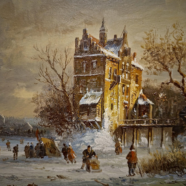 Small Dutch Winter Landscape Oil Painting, Ice Skating Scene, Signed Vintage Artwork, Gold Framed Wall Decor, Cozy Christmas Wall Art
