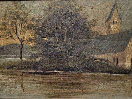 Antique French River Landscape Painting, 19th Century Oil Artwork, Signed Church Scene, Dark Moody Wall Decor, Carved Frame