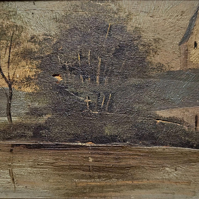 Antique French River Landscape Painting, 19th Century Oil Artwork, Signed Church Scene, Dark Moody Wall Decor, Carved Frame