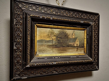 Antique French River Landscape Painting, 19th Century Oil Artwork, Signed Church Scene, Dark Moody Wall Decor, Carved Frame
