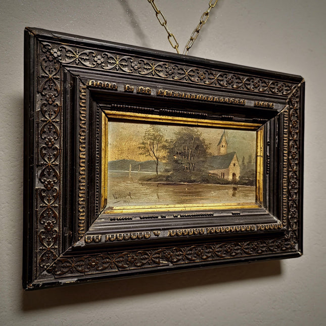Antique French River Landscape Painting, 19th Century Oil Artwork, Signed Church Scene, Dark Moody Wall Decor, Carved Frame