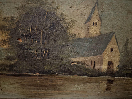 Antique French River Landscape Painting, 19th Century Oil Artwork, Signed Church Scene, Dark Moody Wall Decor, Carved Frame