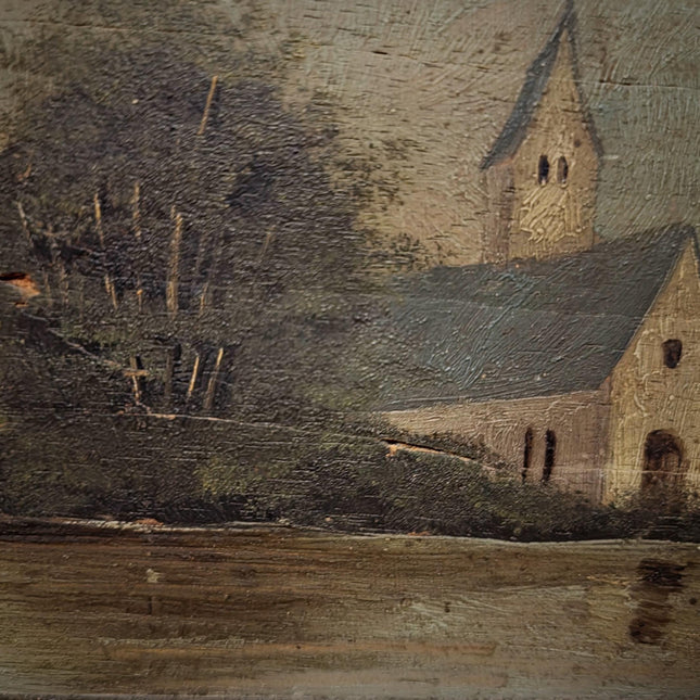 Antique French River Landscape Painting, 19th Century Oil Artwork, Signed Church Scene, Dark Moody Wall Decor, Carved Frame