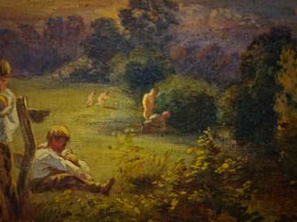 Antique American Pastoral Sunset Oil Painting, 19th Century Golden Landscape Artwork, Framed Wall Art Farmhouse Decor, Classic Country Scene