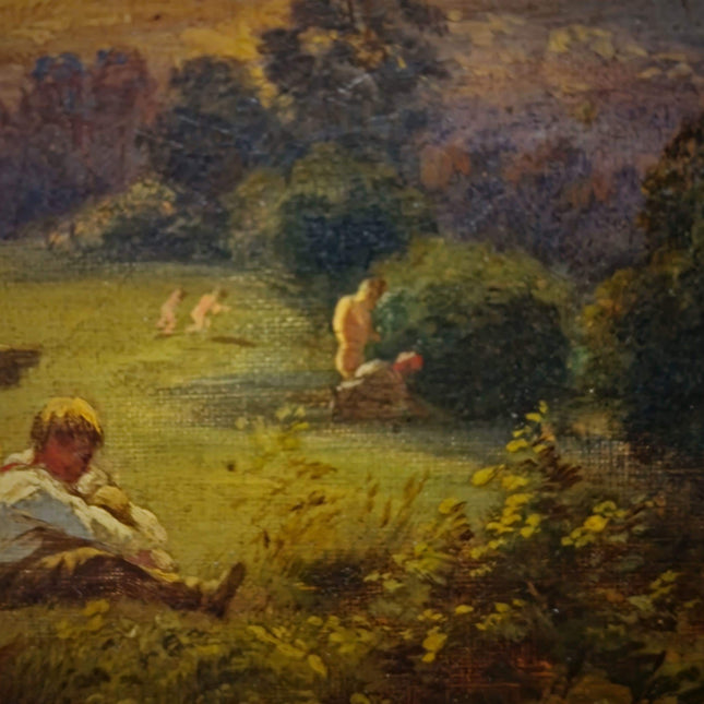 Antique American Pastoral Sunset Oil Painting, 19th Century Golden Landscape Artwork, Framed Wall Art Farmhouse Decor, Classic Country Scene