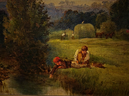 Antique American Pastoral Sunset Oil Painting, 19th Century Golden Landscape Artwork, Framed Wall Art Farmhouse Decor, Classic Country Scene