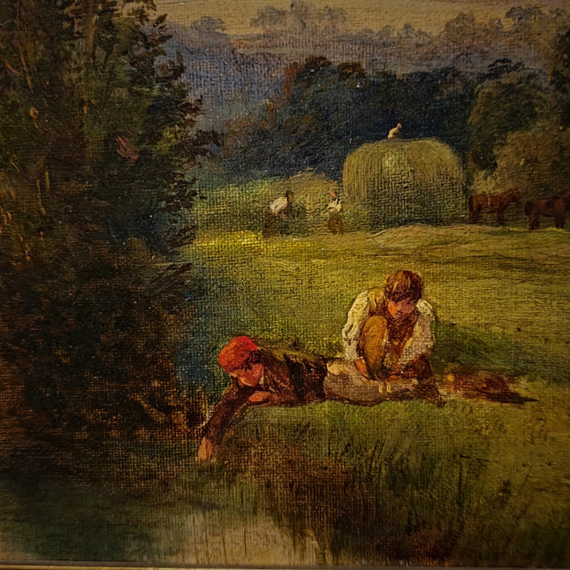Antique American Pastoral Sunset Oil Painting, 19th Century Golden Landscape Artwork, Framed Wall Art Farmhouse Decor, Classic Country Scene