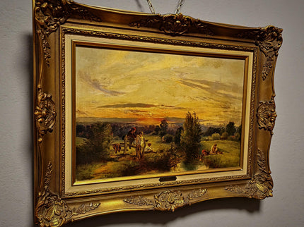 Antique American Pastoral Sunset Oil Painting, 19th Century Golden Landscape Artwork, Framed Wall Art Farmhouse Decor, Classic Country Scene