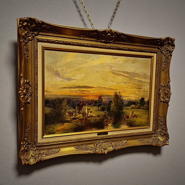 Antique American Pastoral Sunset Oil Painting, 19th Century Golden Landscape Artwork, Framed Wall Art Farmhouse Decor, Classic Country Scene