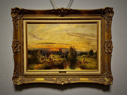 Antique American Pastoral Sunset Oil Painting, 19th Century Golden Landscape Artwork, Framed Wall Art Farmhouse Decor, Classic Country Scene