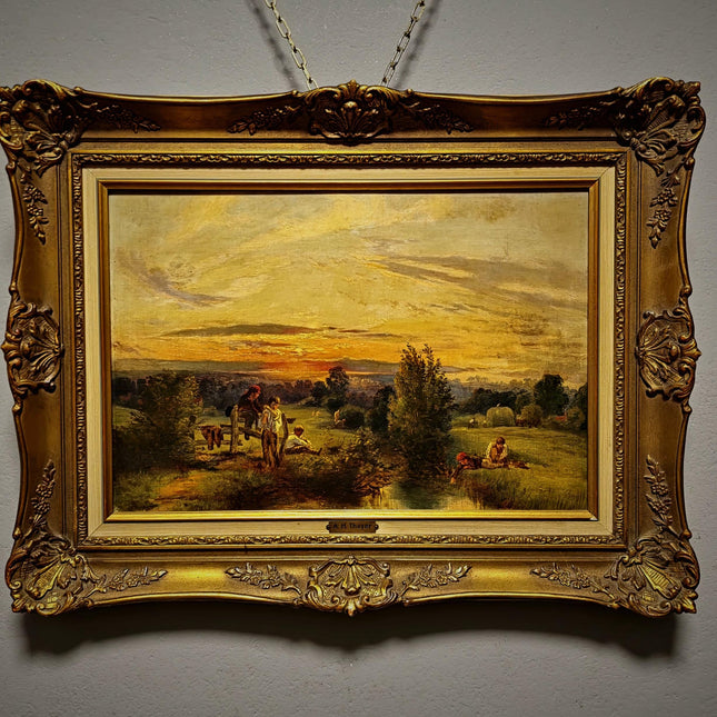 Antique American Pastoral Sunset Oil Painting, 19th Century Golden Landscape Artwork, Framed Wall Art Farmhouse Decor, Classic Country Scene