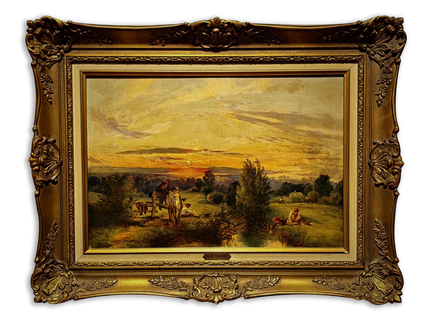 Antique American Pastoral Sunset Oil Painting, 19th Century Golden Landscape Artwork, Framed Wall Art Farmhouse Decor, Classic Country Scene