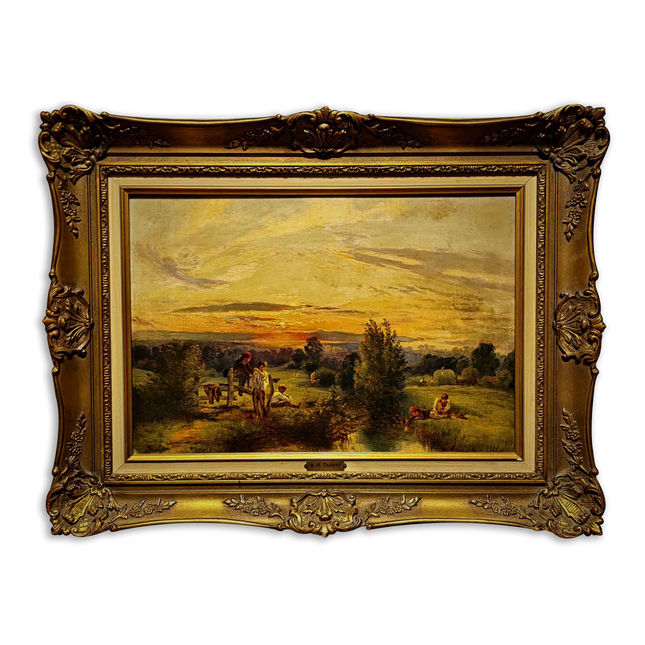 Antique American Pastoral Sunset Oil Painting, 19th Century Golden Landscape Artwork, Framed Wall Art Farmhouse Decor, Classic Country Scene