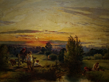 Antique American Pastoral Sunset Oil Painting, 19th Century Golden Landscape Artwork, Framed Wall Art Farmhouse Decor, Classic Country Scene